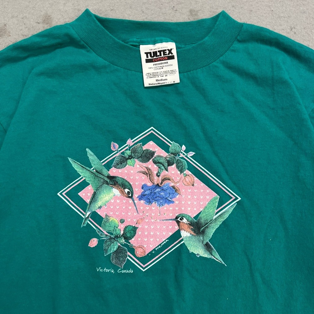 Vintage‎ 90s Tultex Hummingbird T-Shirt Mens Medium Teal Green Victoria Canada